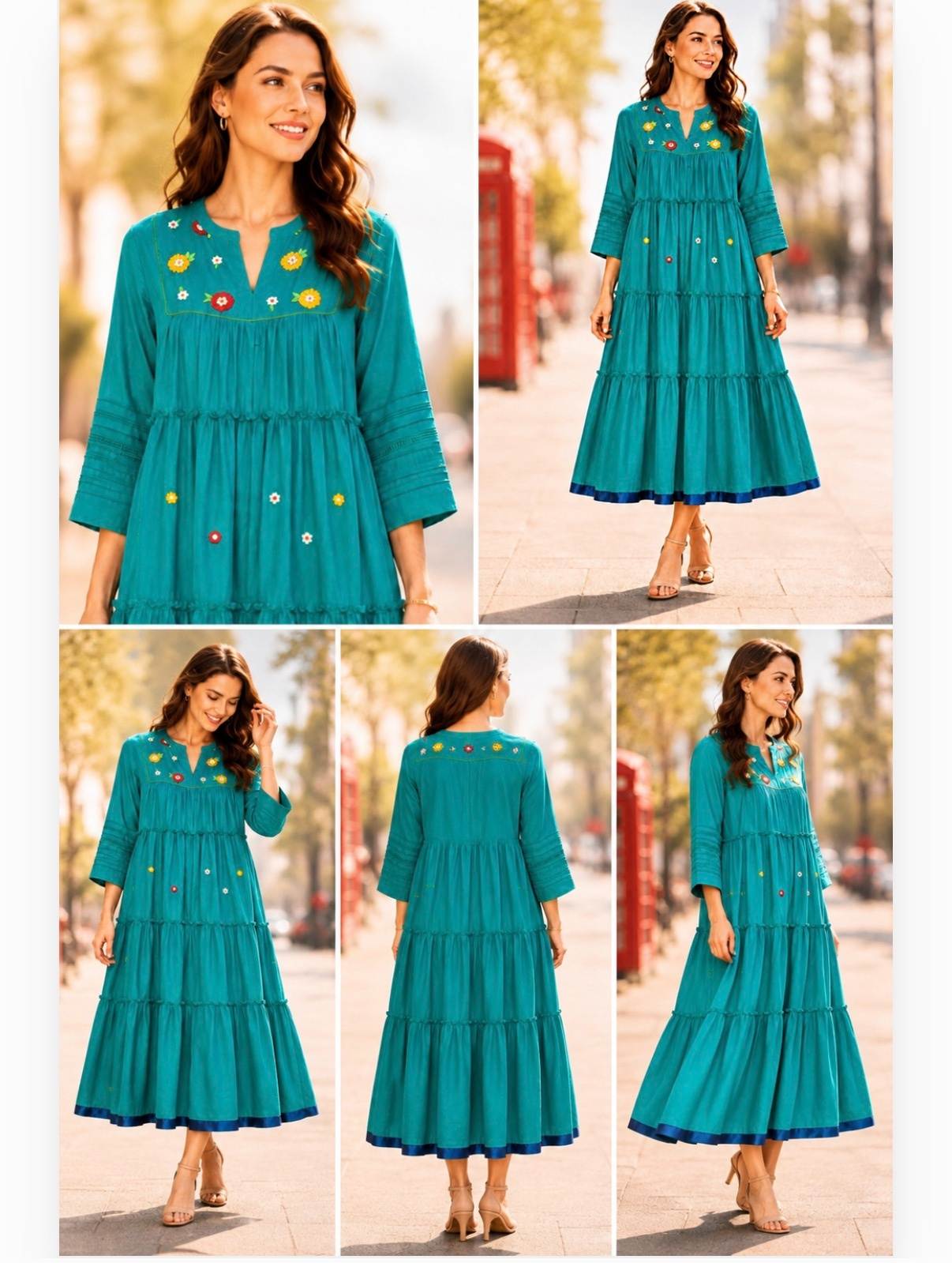 Mal cotton Teal blue embroidered maxi dress with handwork floral embroidery