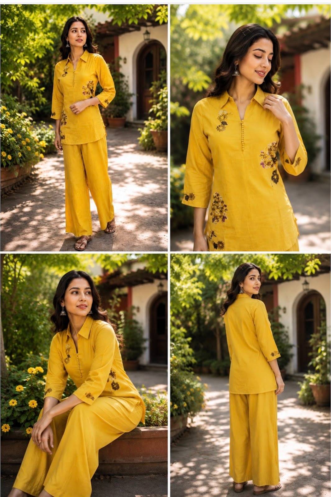 Mal cotton yellow coorset with linkng and hand embroidery all over top