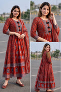 Maroon Ajrak printed pure cotton tired anarkali suit set with traditional motifs