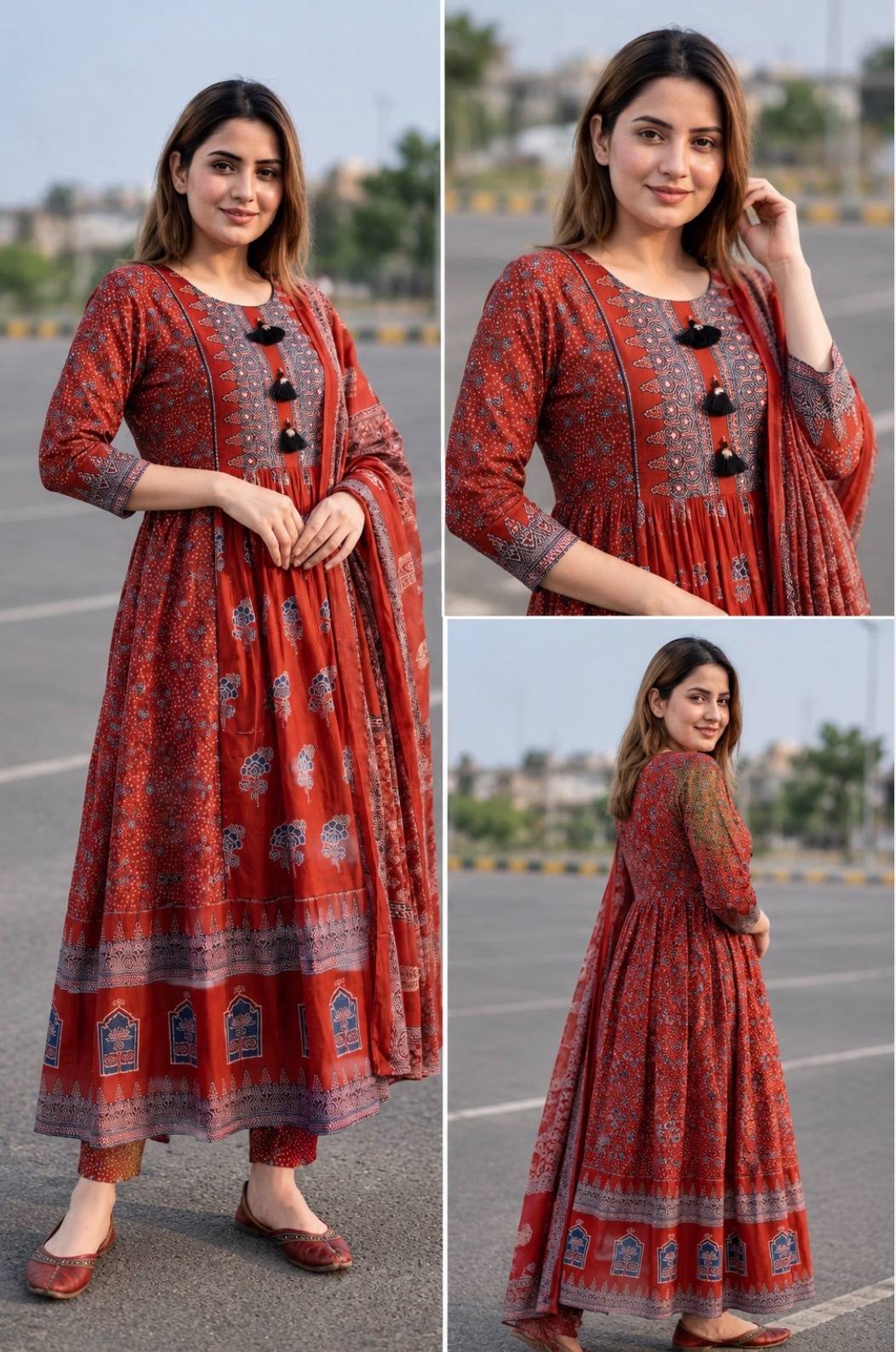 Maroon Ajrak printed pure cotton tired anarkali suit set with traditional motifs