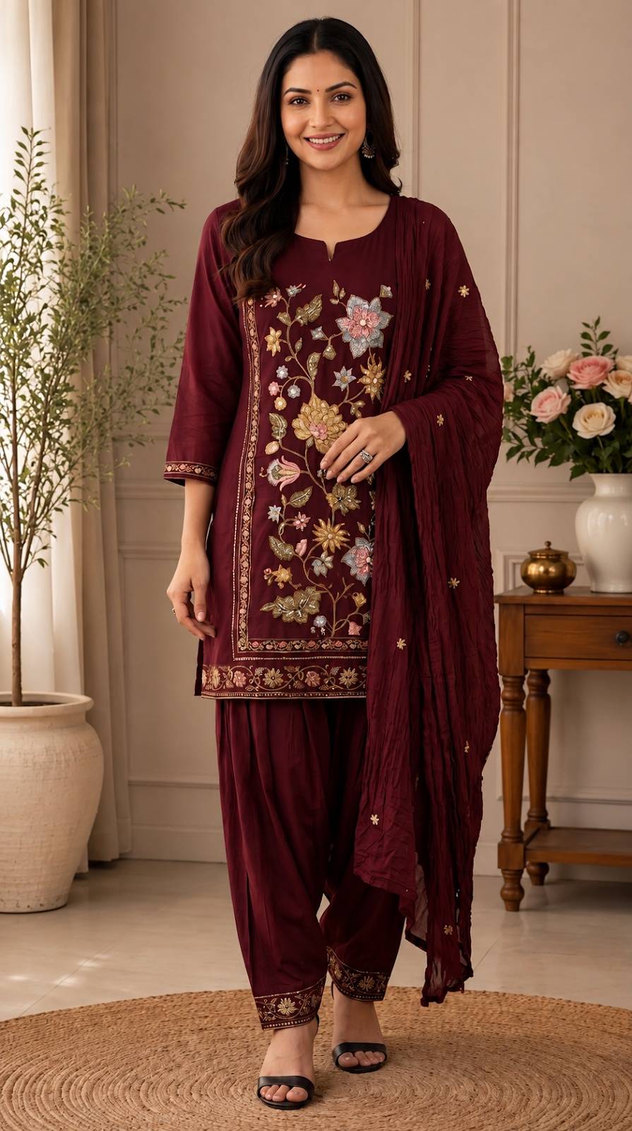 Maroon Embroidered cotton farsi set