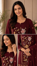 Maroon Embroidered cotton farsi set