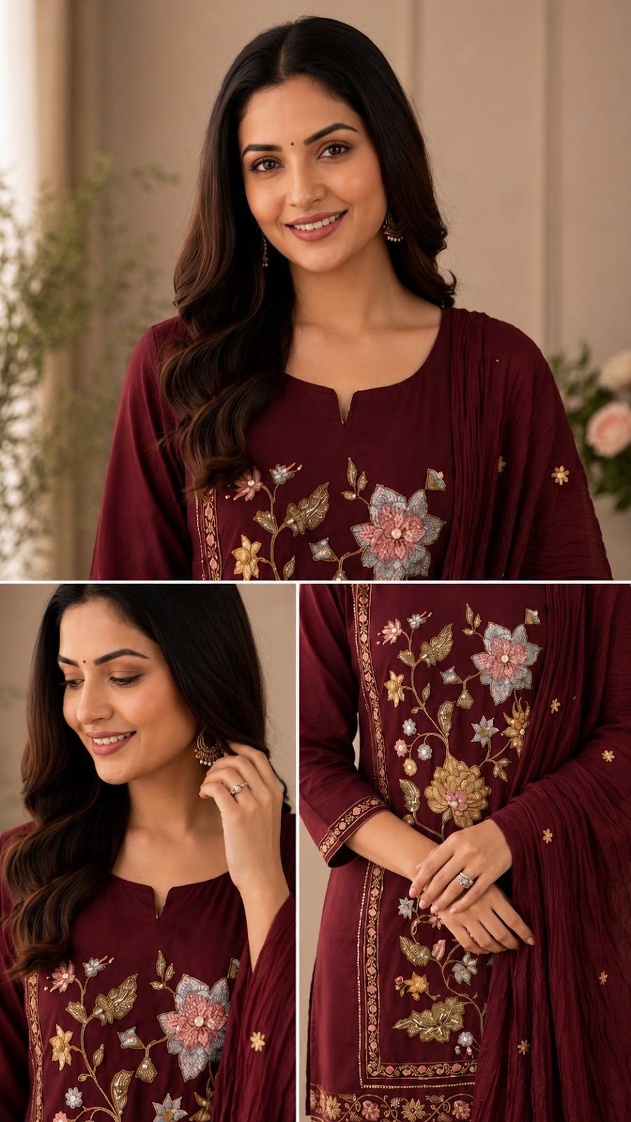 Maroon Embroidered cotton farsi set