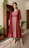 Maroon Red Cotton mirror work panel with midi dress