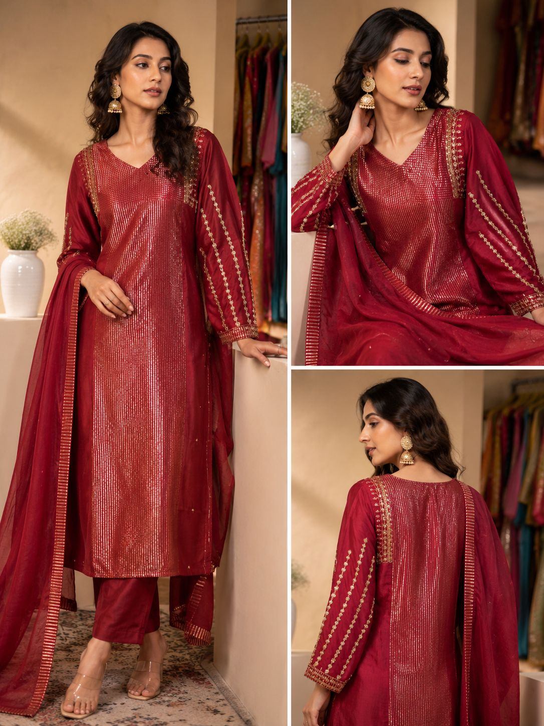 Maroon Red Pure mulchanderi with zari work and lining