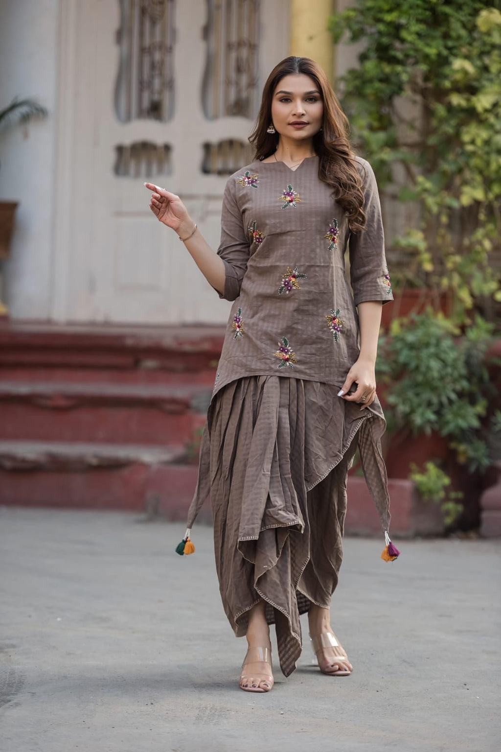 Mouse Brown Indo western coord set hand work pure cotton asymmetric tunic with tulip style dhoti pants