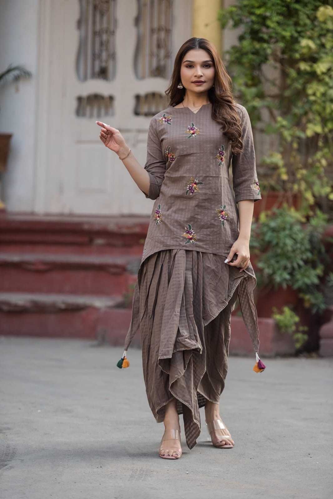 Mouse Brown Indo western coord set hand work pure cotton asymmetric tunic with tulip style dhoti pants