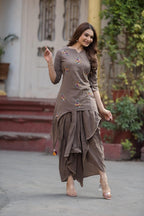 Mouse Brown Indo western coord set hand work pure cotton asymmetric tunic with tulip style dhoti pants