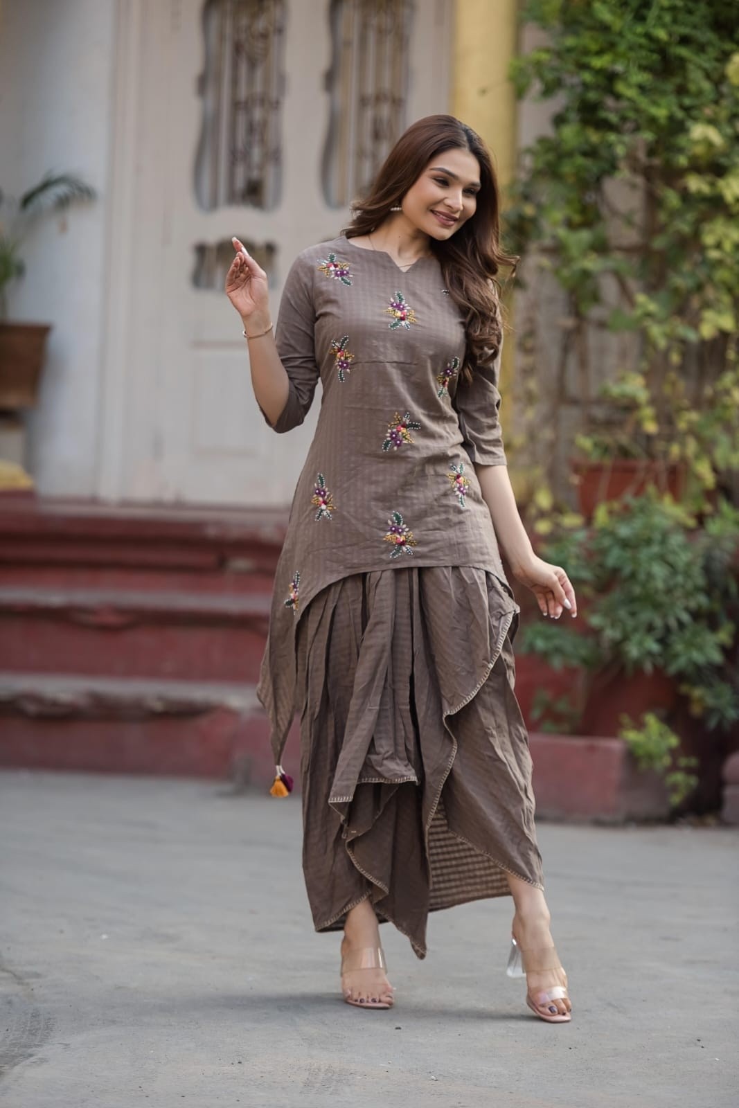 Mouse Brown Indo western coord set hand work pure cotton asymmetric tunic with tulip style dhoti pants