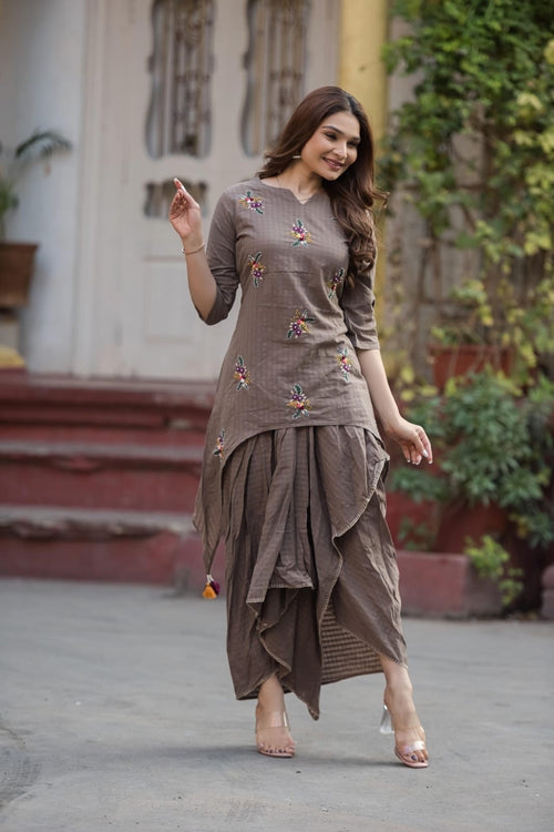 Mouse Brown Indo western coord set hand work pure cotton asymmetric tunic with tulip style dhoti pants