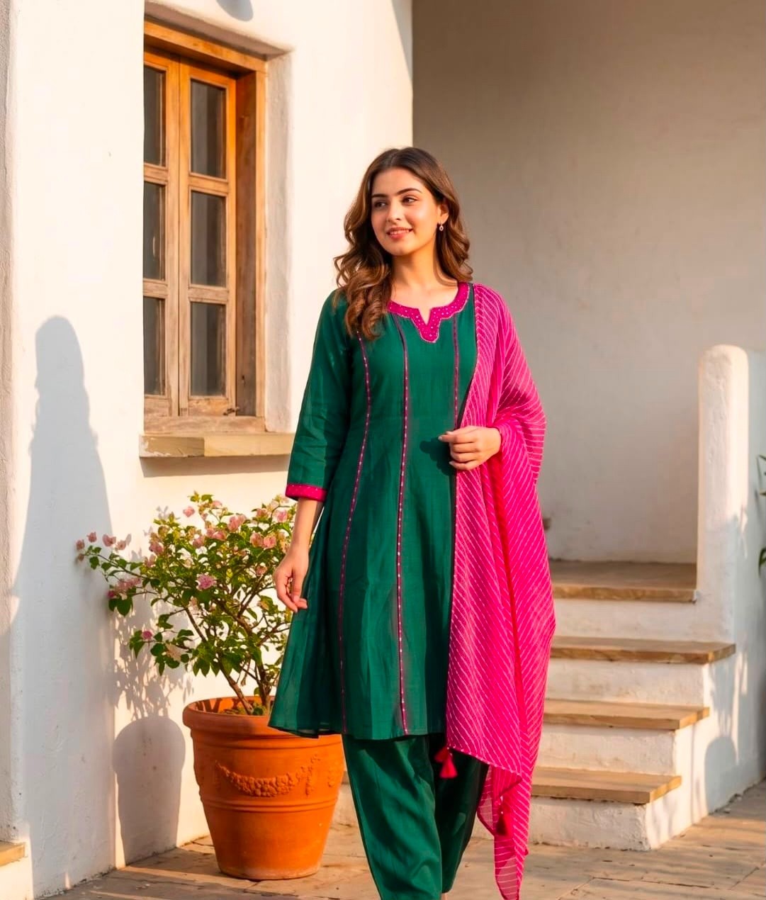 Mul Chanderi with farsi salwaar with kota doria dupatta