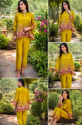 Mustard yellow crepe  embroidered co-ord set features intricate floral prints and delicate embroidery details