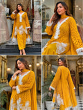 Mustard Yellow Dreamy pure cotton Sciffli farsi salwaar cut work with pearl detailing on kurta and dupatta