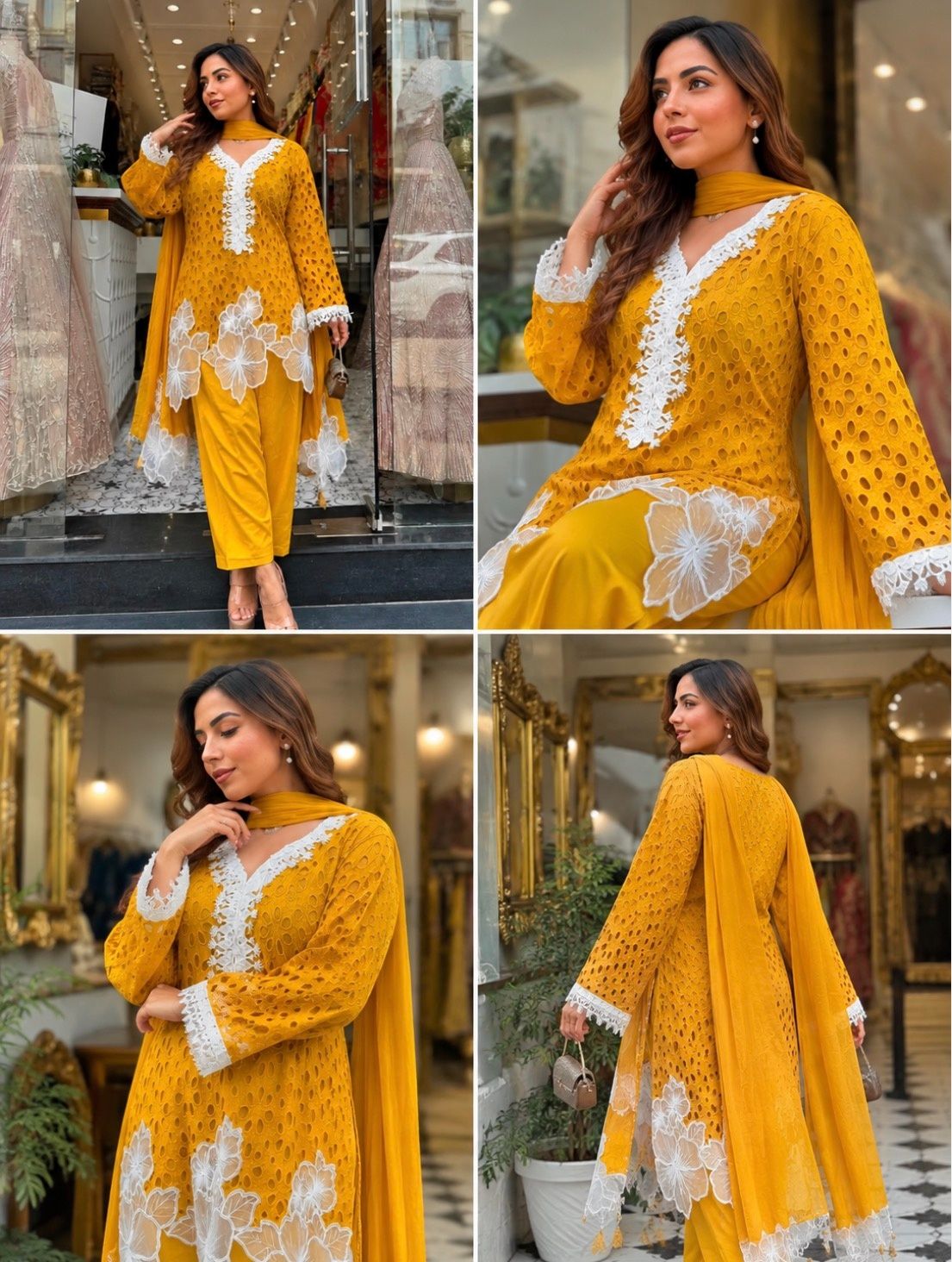 Mustard Yellow Dreamy pure cotton Sciffli farsi salwaar cut work with pearl detailing on kurta and dupatta
