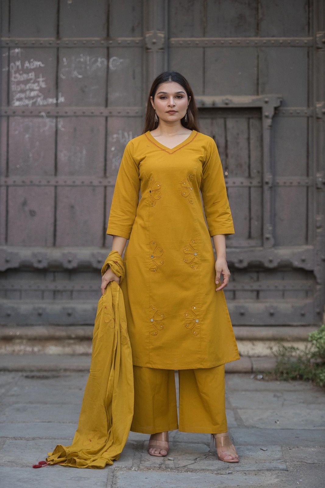 Mustard yellow flex cotton suit set with mirror and embroidery detailing