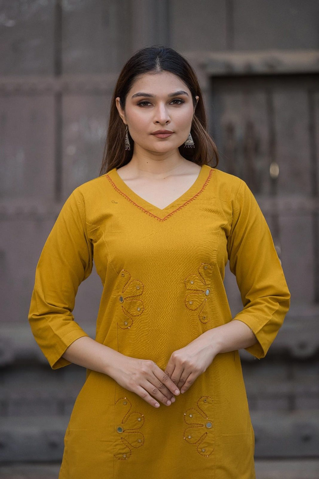 Mustard yellow flex cotton suit set with mirror and embroidery detailing
