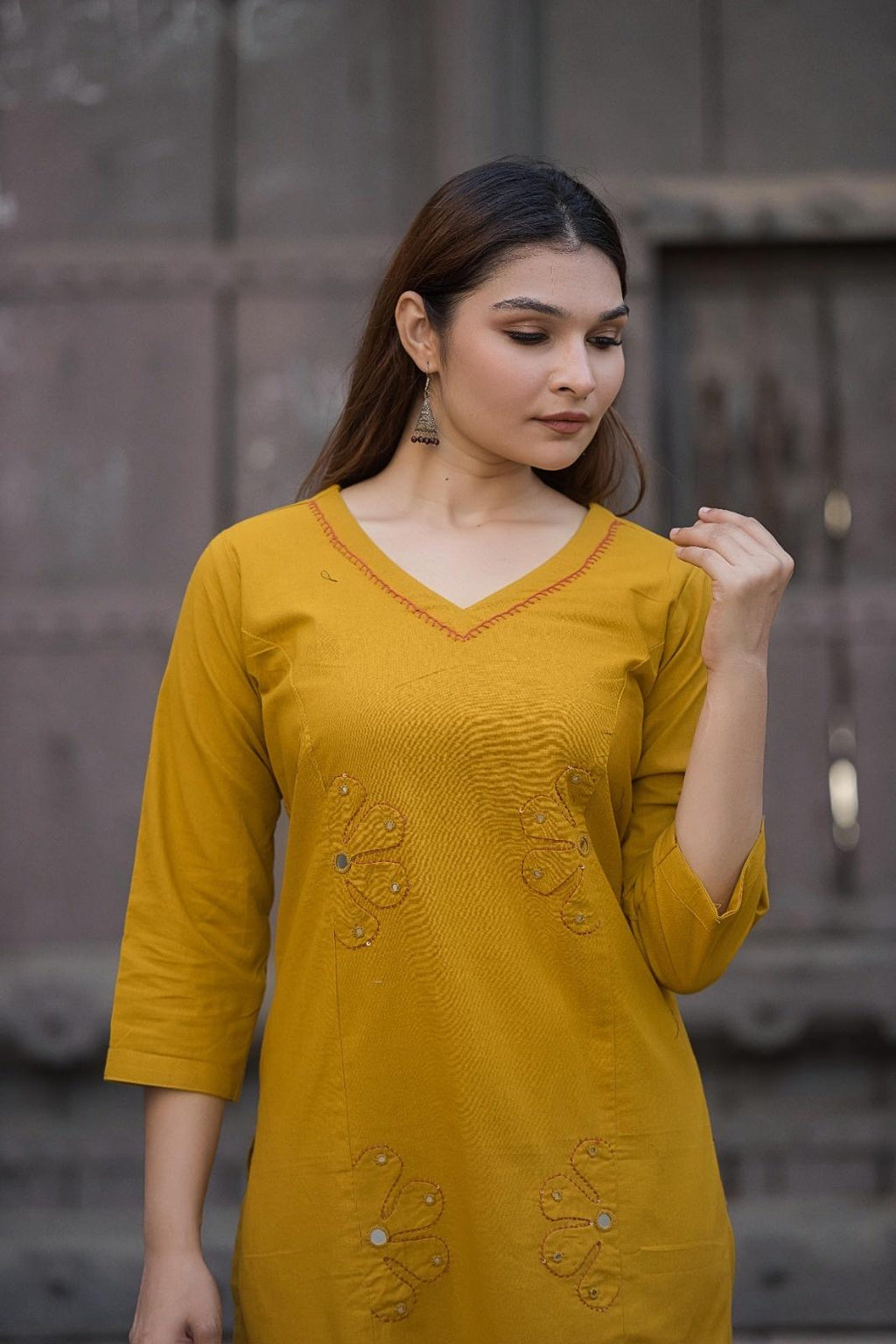 Mustard yellow flex cotton suit set with mirror and embroidery detailing