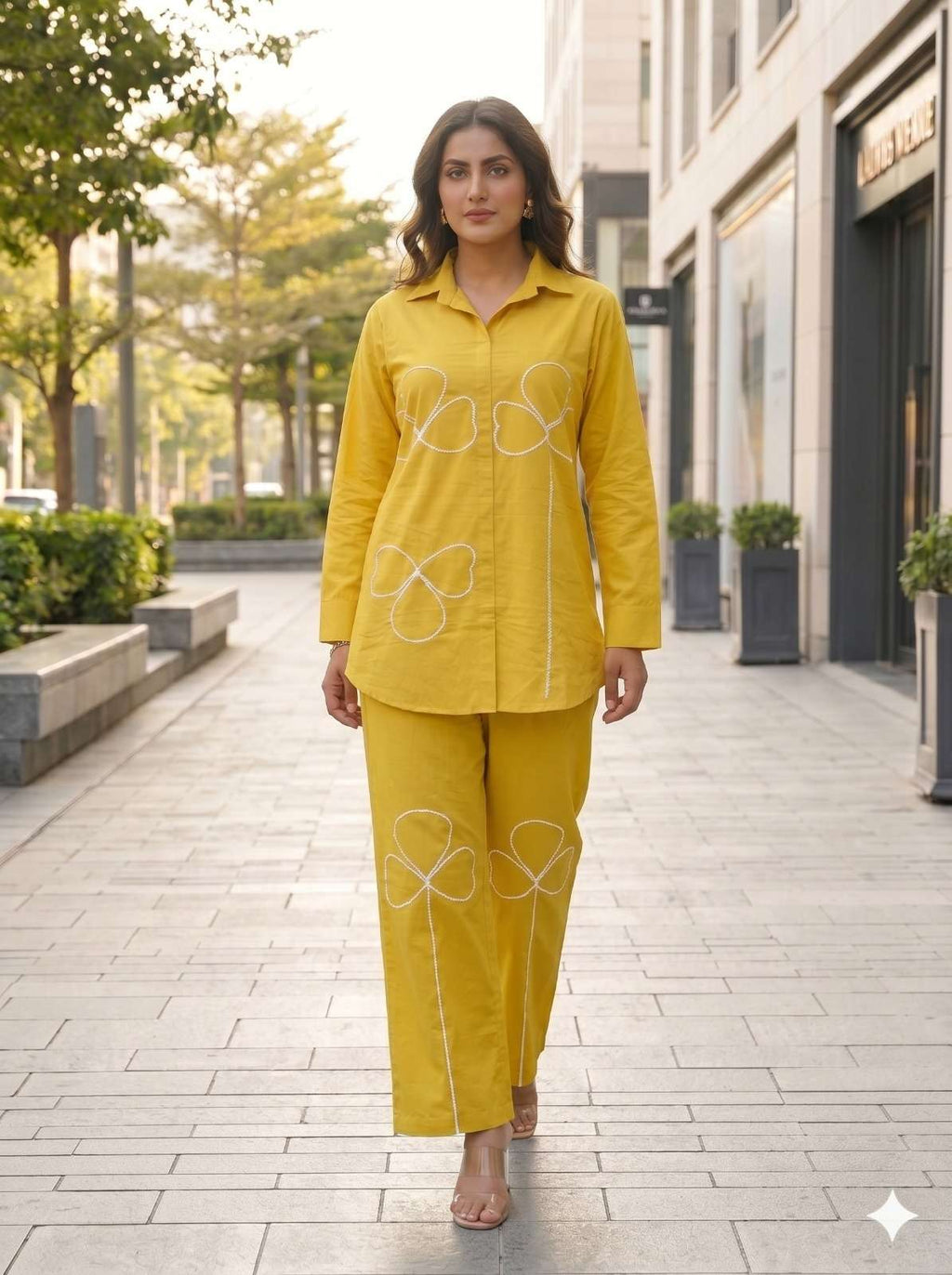 Mustard Yellow Pure cotton co-ord set featuring white appliqué clover or shamrock-style floral details along the front of the tunic and pants