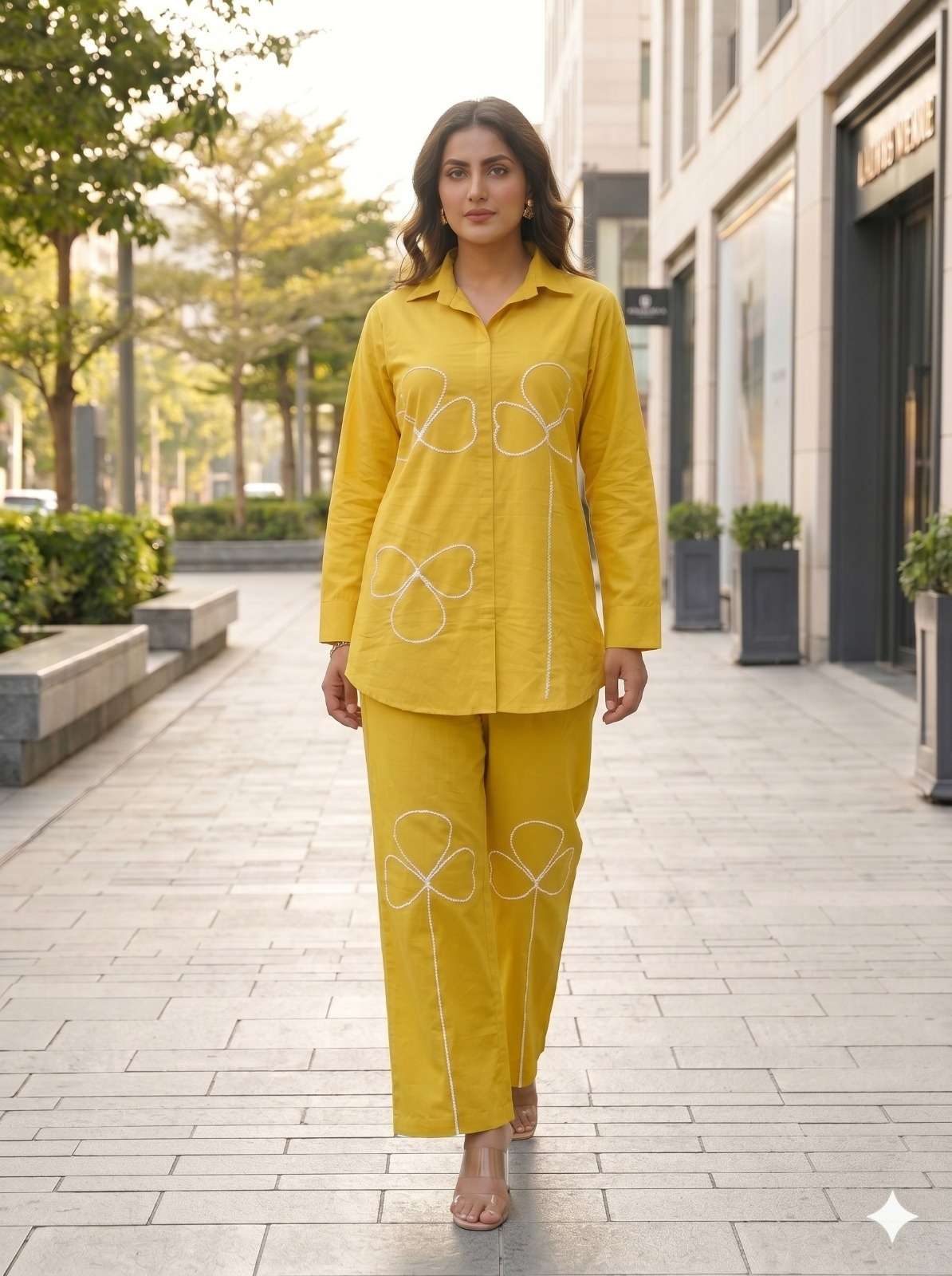 Mustard Yellow Pure cotton co-ord set featuring white appliqué clover or shamrock-style floral details along the front of the tunic and pants