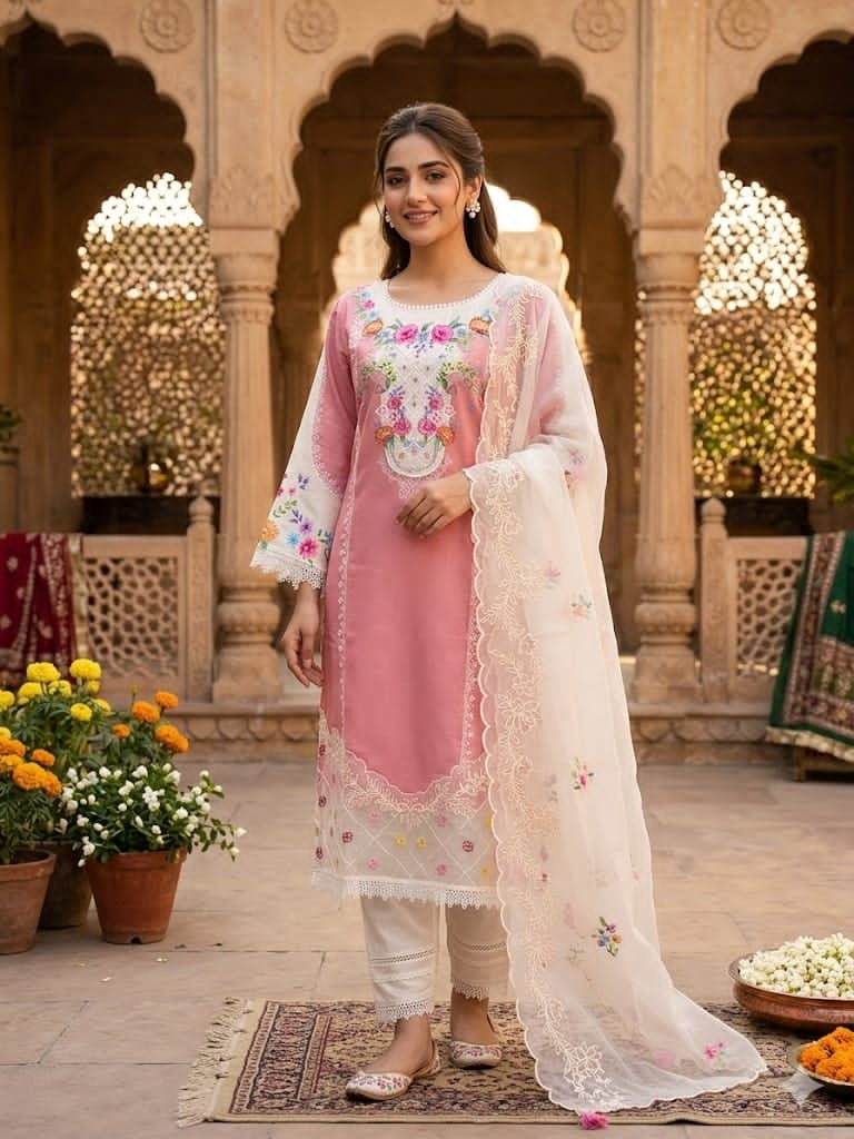 New Dupatta Suit Set Fabric Cotton Linen In Two Colours With Moti Work and Organza Dupatta