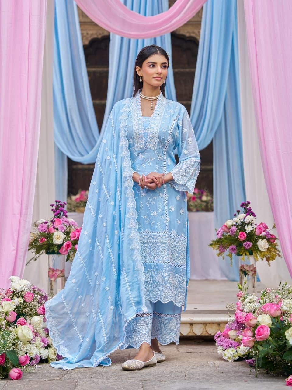 New Straight Suit In Mul Cotton Embroidery in Blue