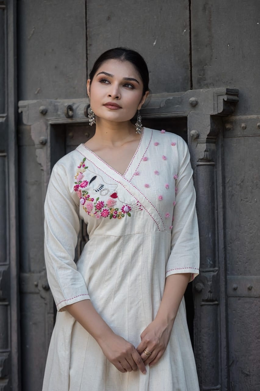 Off white Anarkali  floral-embroidered Angrakha neckline and mirror-work details with bottom