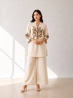 Off white cotton flex Coordset with botanical Motifs refined botanical motifs with flared plazzo