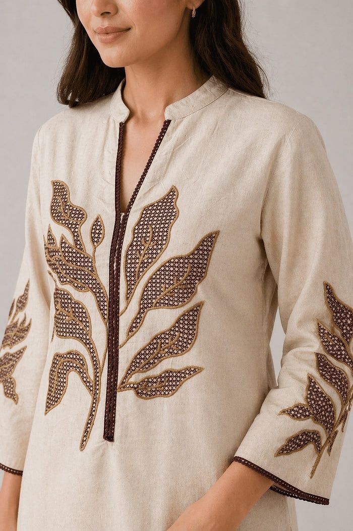 Off white cotton flex Coordset with botanical Motifs refined botanical motifs with flared plazzo