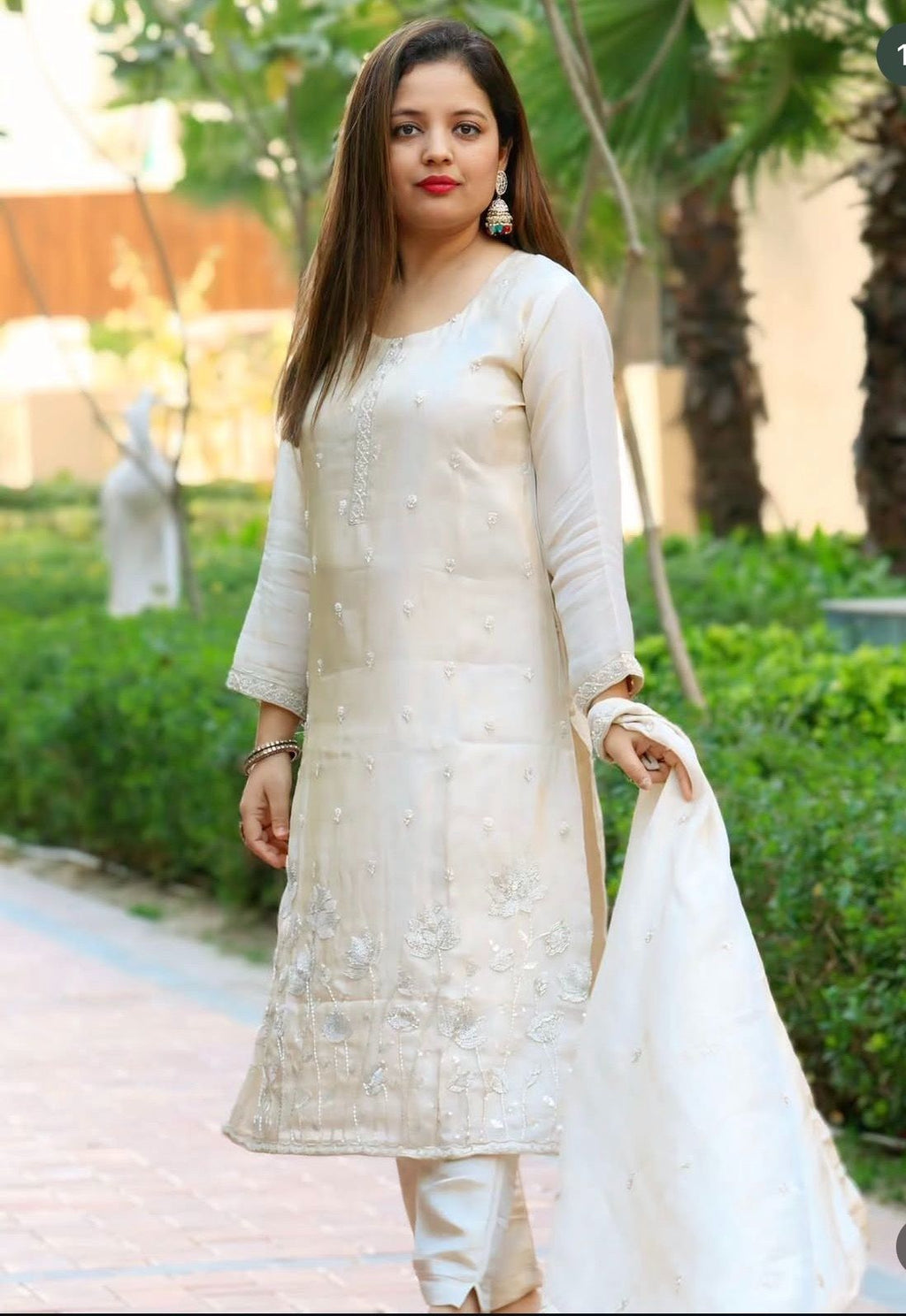 Off white pearl Embroidered tissue shimmer suit set with lining