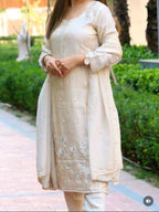 Off white pearl Embroidered tissue shimmer suit set with lining