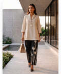 off-white printed cotton blend co-ord set featuring a tunic and embroidered trousers Cat Coordset