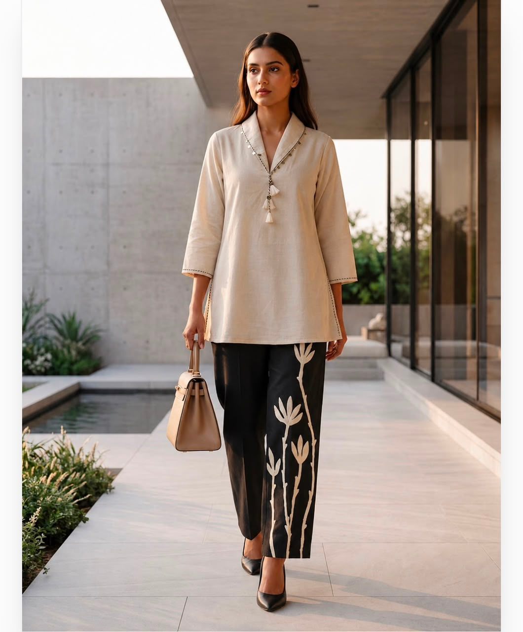 off-white printed cotton blend co-ord set featuring a tunic and embroidered trousers Cat Coordset