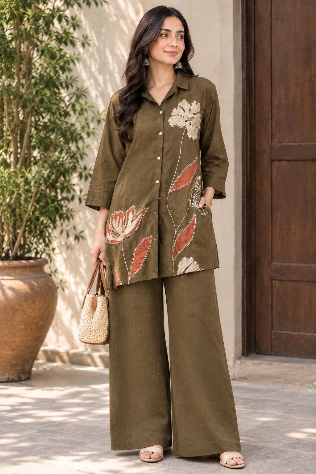 Olive green embroidered Coordset