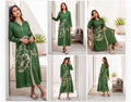 Olive green floral printed crepe midi dress features a Mandarin collar, a delicate waist tie-up, and a side pocket