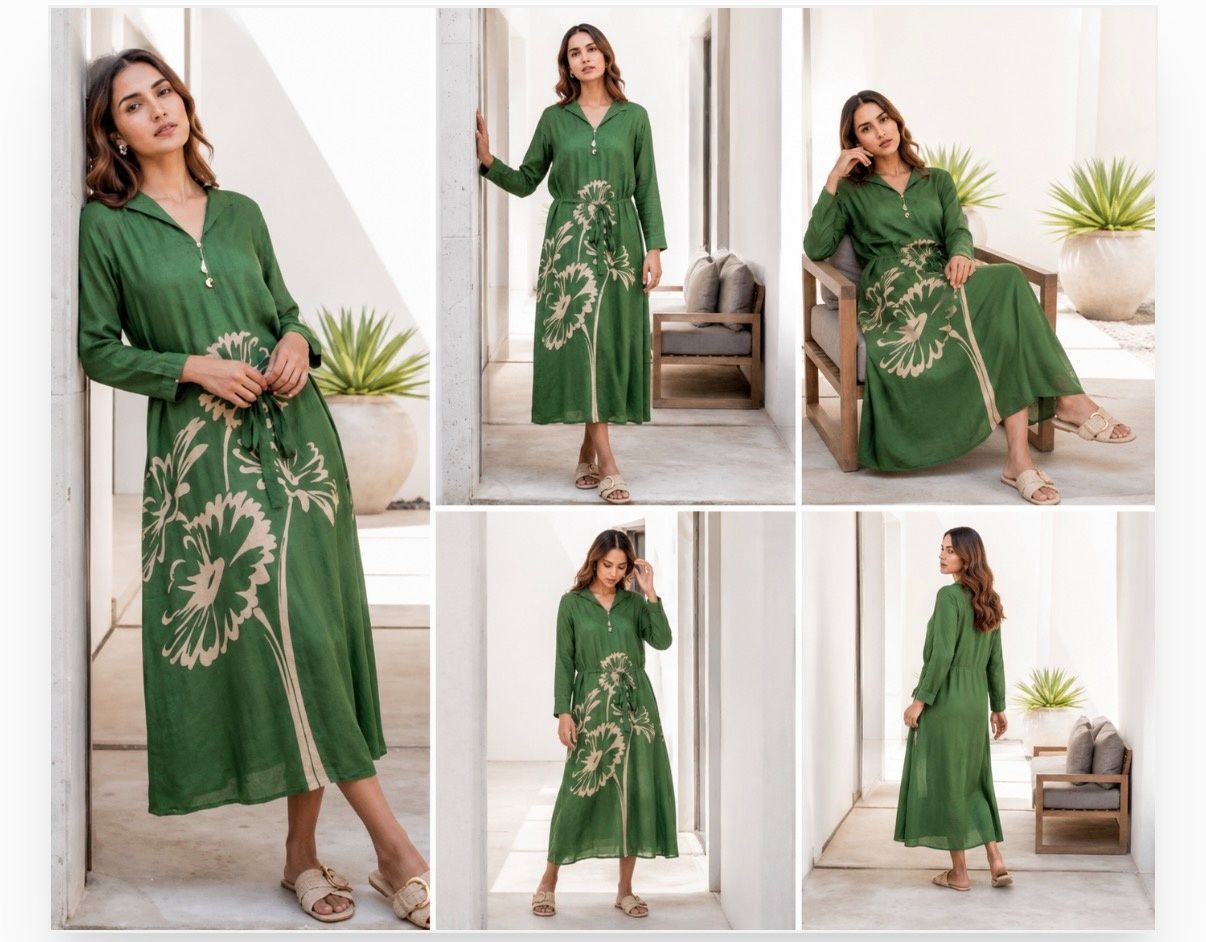 Olive green floral printed crepe midi dress features a Mandarin collar, a delicate waist tie-up, and a side pocket
