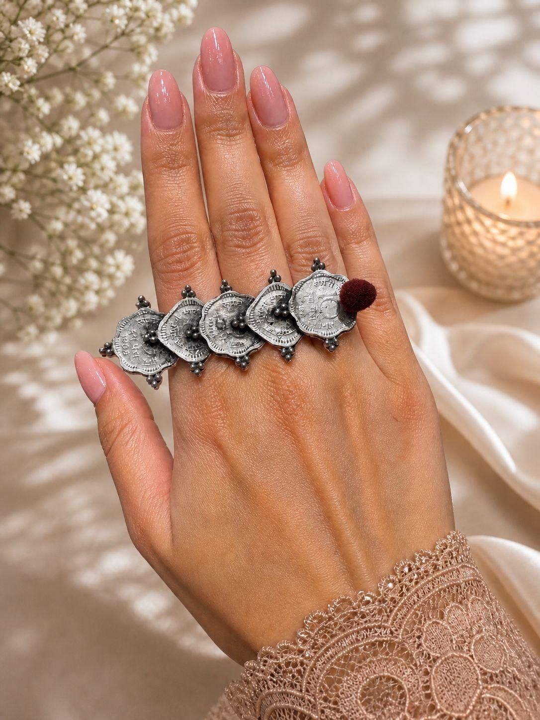 Oxidised coin adjustable ring