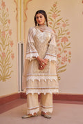 Pakistani-style three-piece suit featuring a net overlay tunic adorned with white lace trim along the sleeves and hemline, paired with matching solid wide-leg trousers and a light dupatta
