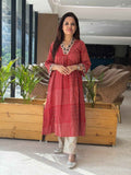 Pant Set In Cotton Handwork Detailing On Neck Sleeves With Pockets in Red