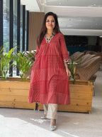 Pant Set In Cotton Handwork Detailing On Neck Sleeves With Pockets in Red