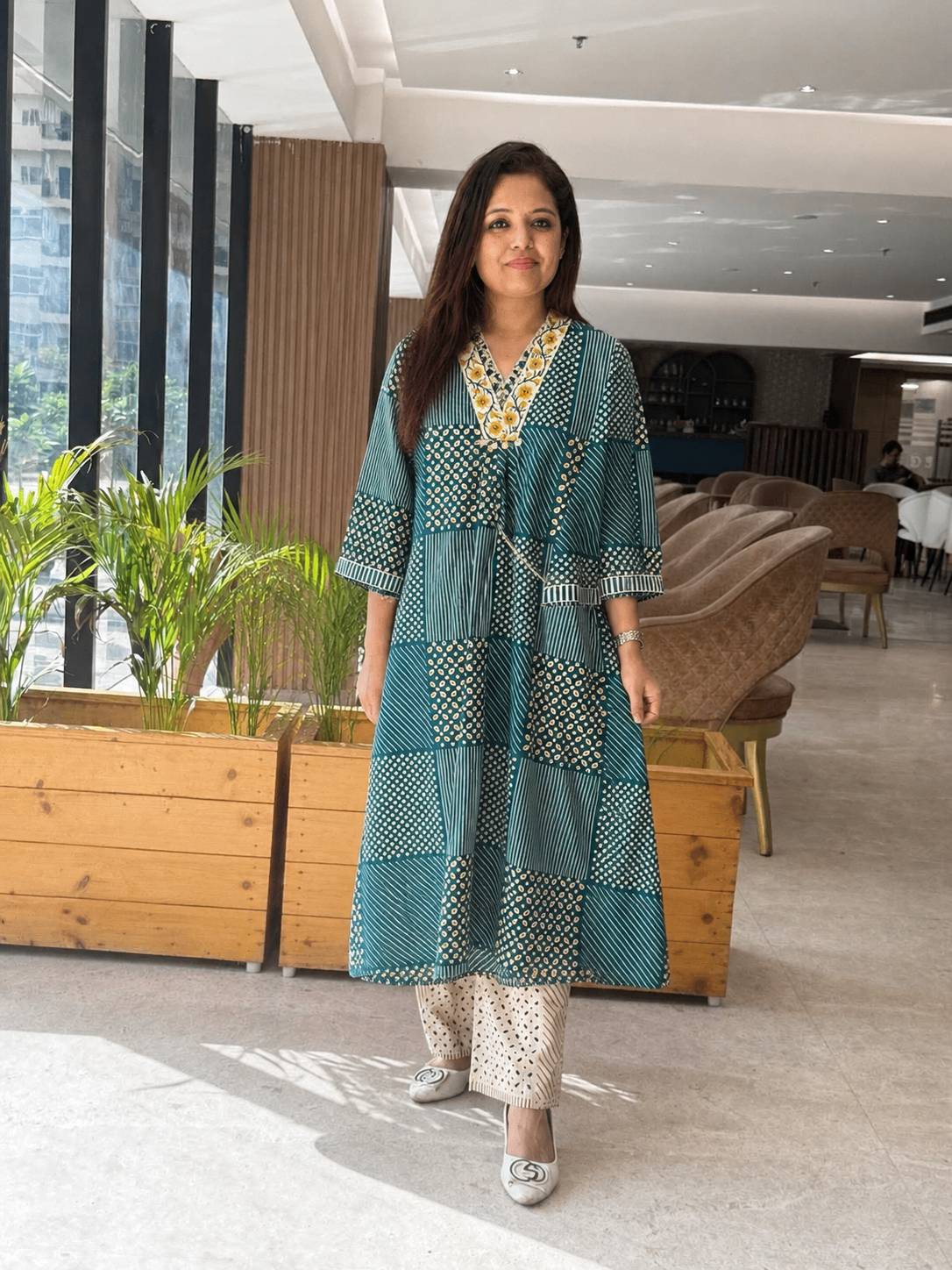 Pant Set In Cotton Handwork Detailing On Neck Sleeves With Pockets in Teal Blue