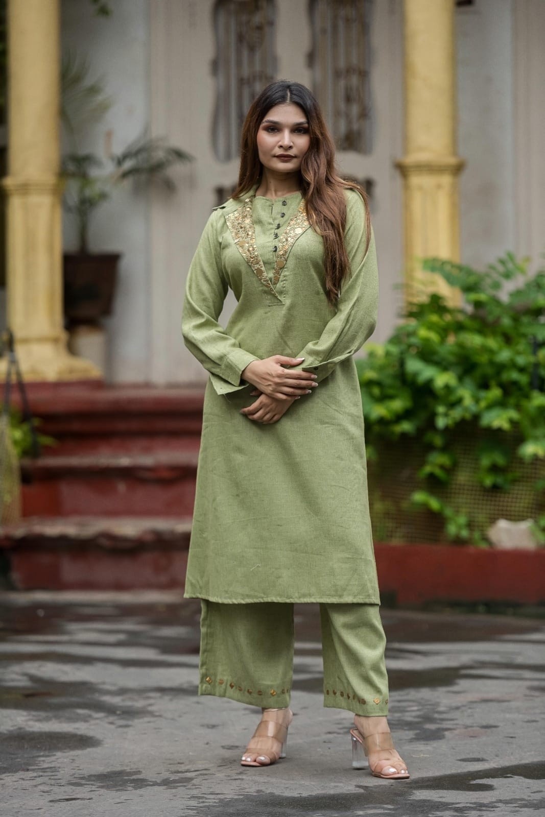 Cotton Shamrey pant set in Parrot Green Colour with gold metal coin embellishments broad yoke with coin detailing on bottom