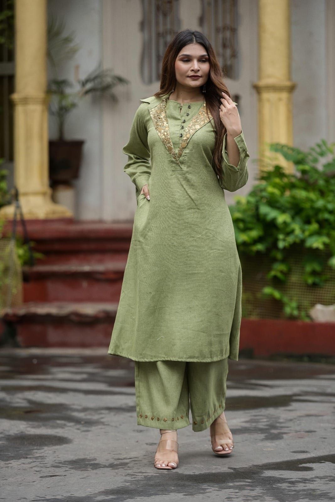 Cotton Shamrey pant set in Parrot Green Colour with gold metal coin embellishments broad yoke with coin detailing on bottom