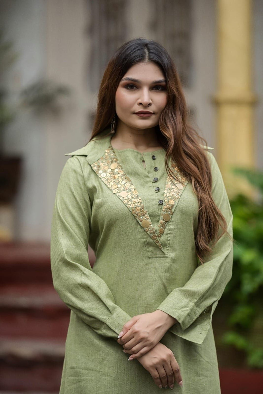 Cotton Shamrey pant set in Parrot Green Colour with gold metal coin embellishments broad yoke with coin detailing on bottom