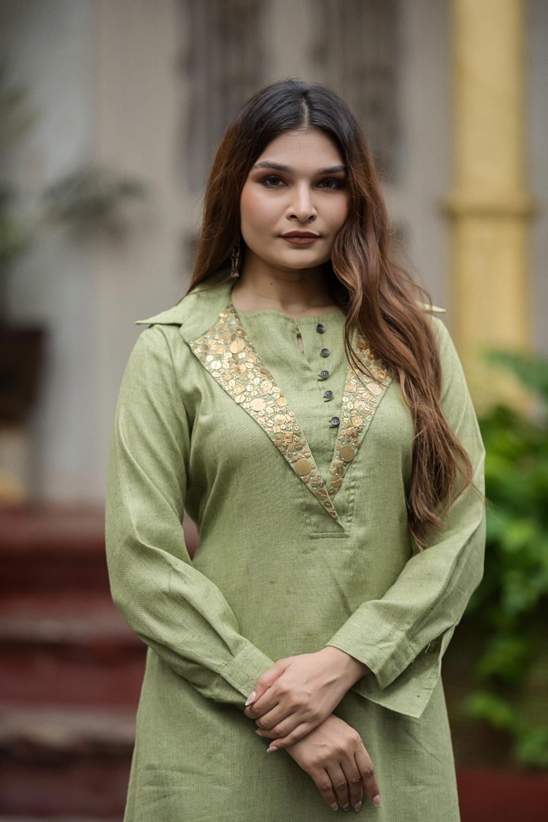 Cotton Shamrey pant set in Parrot Green Colour with gold metal coin embellishments broad yoke with coin detailing on bottom
