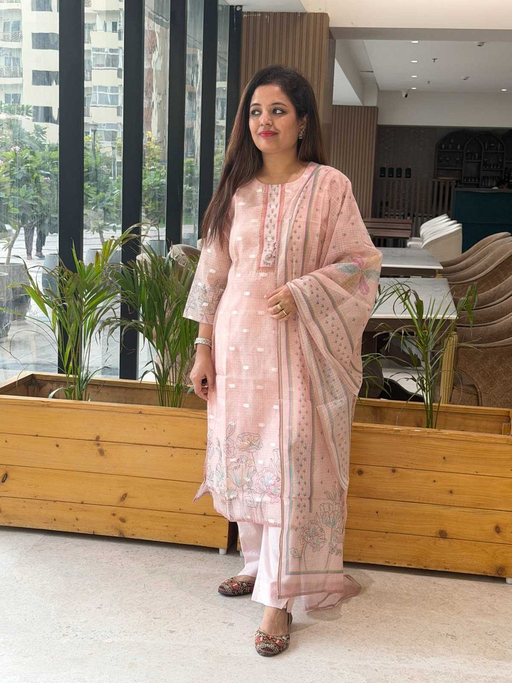 Pastel Pink Kota Doria handwork printed Suit