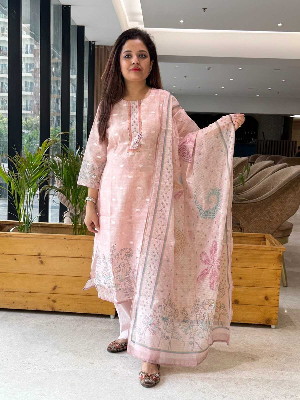 Pastel Pink Kota Doria handwork printed Suit