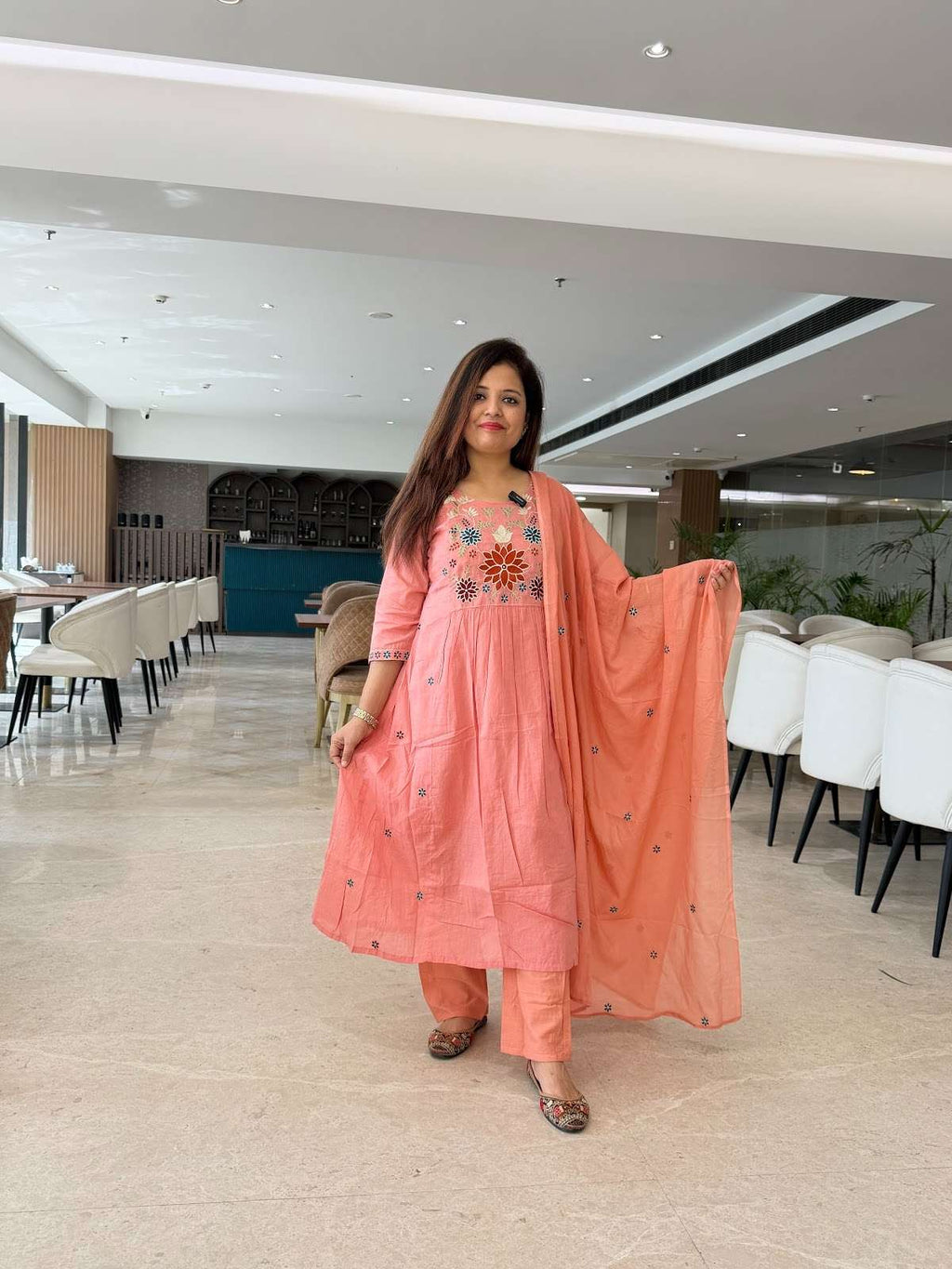 Peach Pure mal Cotton a line suit with handwork detailing and embroidery on yoke