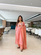 Peach Pure mal Cotton a line suit with handwork detailing and embroidery on yoke