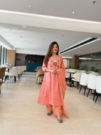 Peach Pure mal Cotton a line suit with handwork detailing and embroidery on yoke