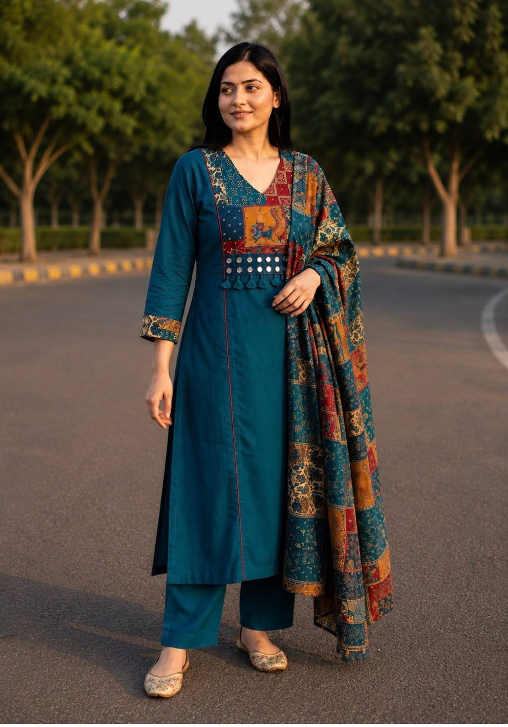 Peacock colour Flex cotton with mirror work